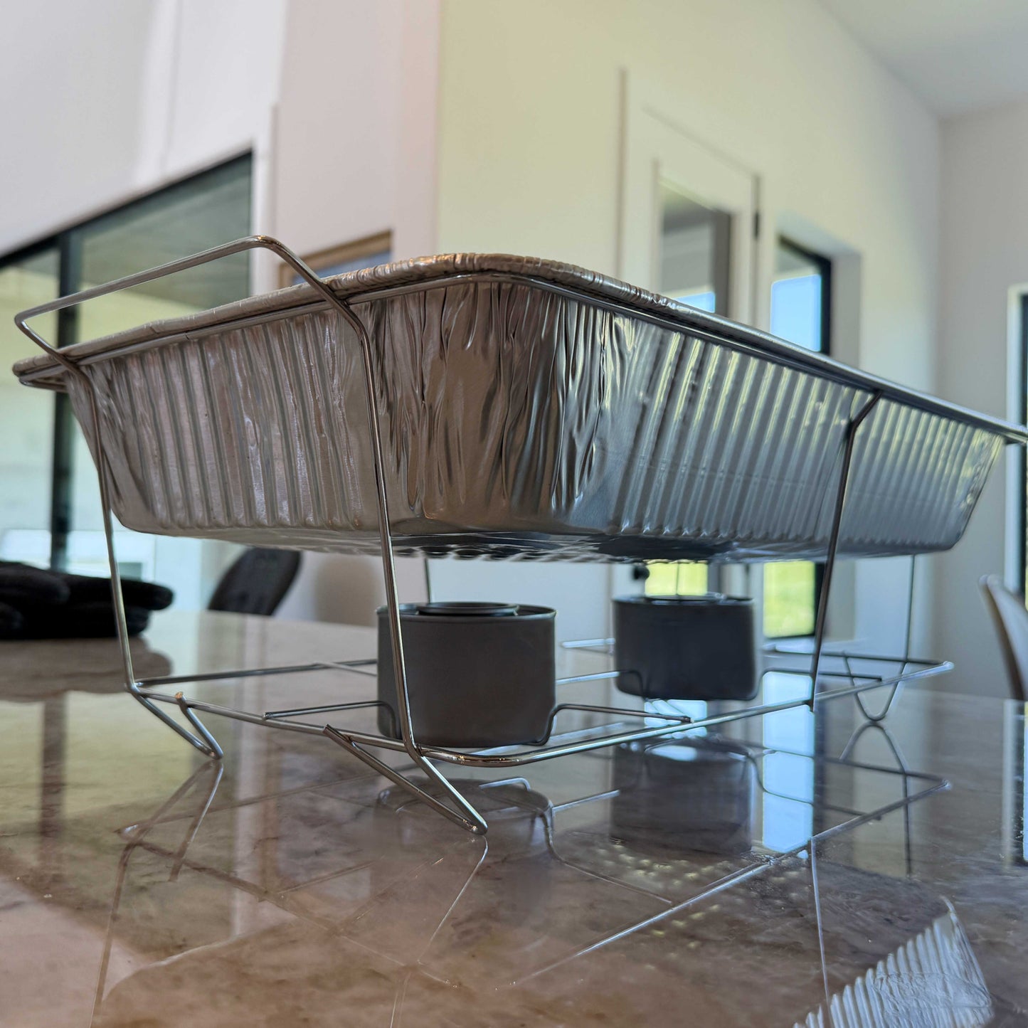 Wire chafing rack holding full-size aluminum pan – R&S Services